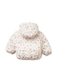 Giacca imbottita in morbido tessuto bianco con motivo pastello di rose e foglie. Presenta un cappuccio e polsini elasticizzati per una vestibilità aderente.