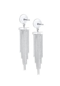 Orecchini in argento con catene allungate che pendono da un perno rotondo. Materiale contrassegnato con '925', che indica argento sterling.