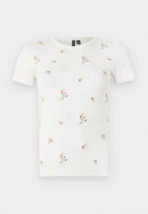 Biały bawełniany T-shirt z krótkimi rękawami, o prążkowanej fakturze i rozproszonym haftem kwiatowym w odcieniach różu i zieleni.