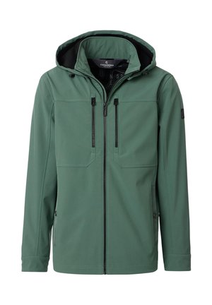 Zielona kurtka z kapturem, z zamkiem błyskawicznym z przodu, dwoma pionowymi kieszeniami na suwak na piersi, kieszeniami po bokach oraz markową podszewką na kołnierzu od wewnątrz.