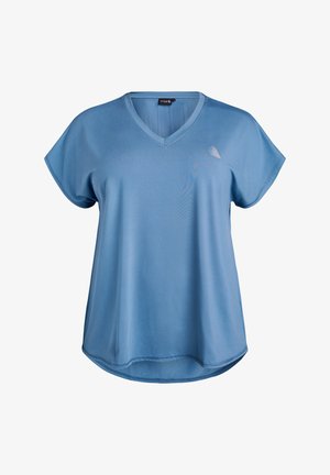 Hellblaues V-Ausschnitt-Oberteil mit kurzen Ärmeln, abgerundetem Saum und glatter Textur. Verfügt über ein kleines, dezentes Design auf der oberen linken Seite.