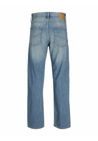 Light blue denim jeans featuring a straight leg design, visible stitching, two back pockets, and a rectangular leather patch on the waistband.