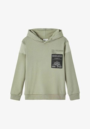 Light green hooded sweatshirt with long sleeves. Features a front pocket and graphic text on the chest, complemented by soft fabric and ribbed cuffs.