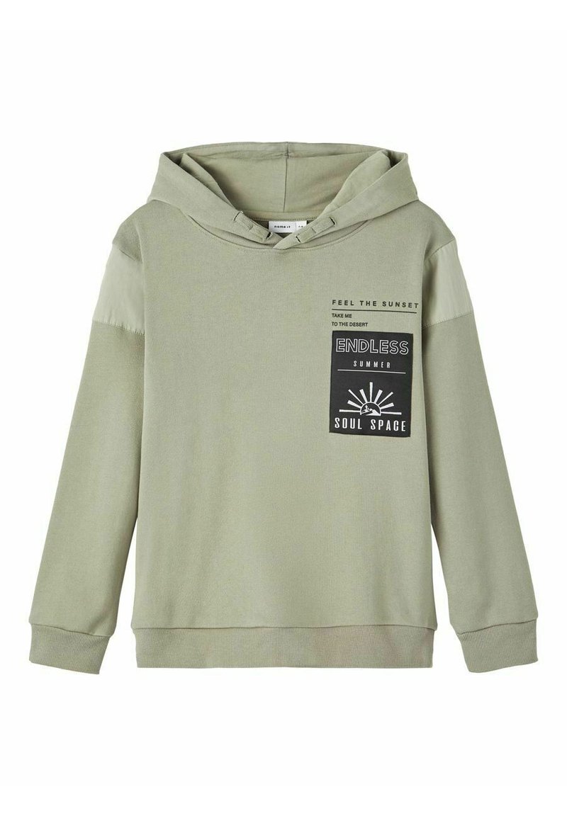 Light green hooded sweatshirt with long sleeves. Features a front pocket and graphic text on the chest, complemented by soft fabric and ribbed cuffs.
