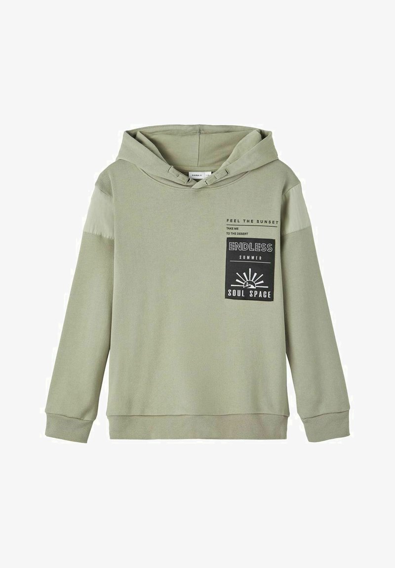 Light green hooded sweatshirt with long sleeves. Features a front pocket and graphic text on the chest, complemented by soft fabric and ribbed cuffs.