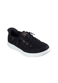 Sneakers neri in tela con suola in gomma bianca, design con lacci, punta arrotondata, dettagli in rame e etichetta logo a contrasto sul lato.
