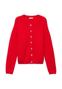 Rød uldne cardigan med lange ærmer, rund halsudskæring og syv hvide knapper foran.