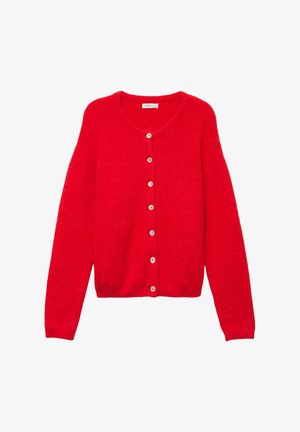 Roter wollener Cardigan mit langen Ärmeln, Rundhalsausschnitt und sieben weißen Knöpfen auf der Vorderseite.