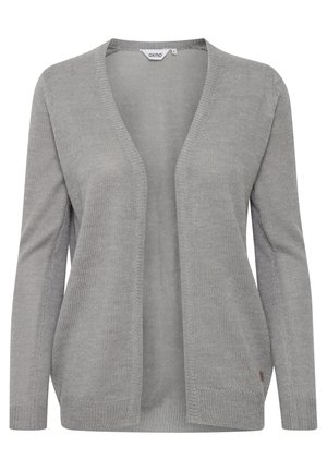 Grijze cardigan van gebreide stof, met een diepe V-hals, open voorkant, lange mouwen en een subtiele textuur met een klein logo-accent.