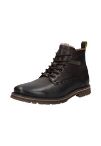Botas de cuero marrón hasta el tobillo con diseño de cordones, forro de piel suave y una suela de goma duradera con un patrón texturizado. Accesorios metálicos en tono dorado.