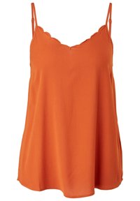 Top sin mangas naranja con cuello en forma de onda, tejido fluido y tirantes ajustables; textura suave y diseño casual.