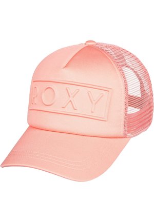 Casquette de baseball rose en mesh avec une visière courbée et un logo "ROXY" en relief sur le panneau avant.