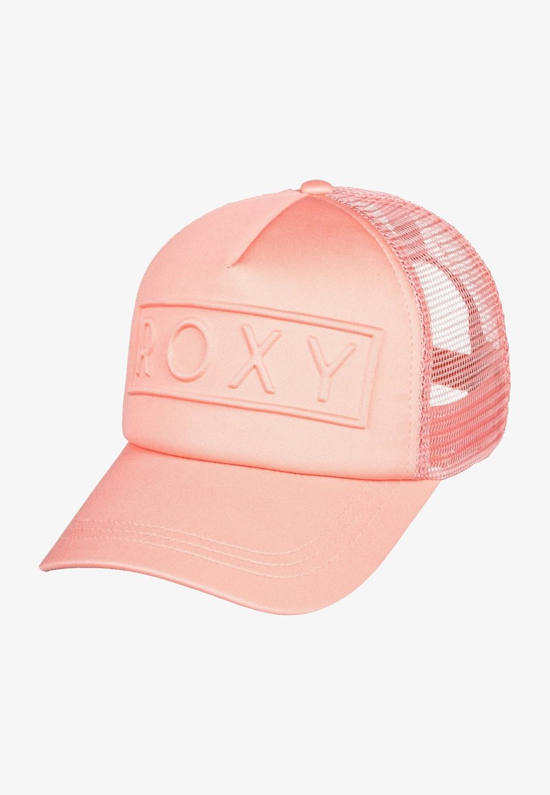 Casquette de baseball rose en mesh avec une visière courbée et un logo "ROXY" en relief sur le panneau avant.