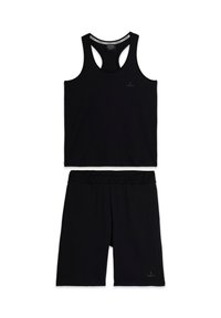 Conjunto deportivo negro de dos piezas que incluye una parte superior sin mangas con diseño de espalda cruzada y pantalones cortos a juego con cintura elástica. Material suave.