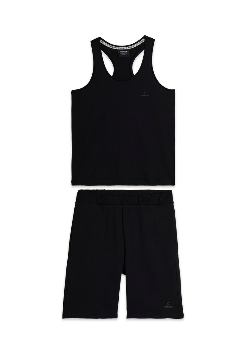 Conjunto deportivo negro de dos piezas que incluye una parte superior sin mangas con diseño de espalda cruzada y pantalones cortos a juego con cintura elástica. Material suave.