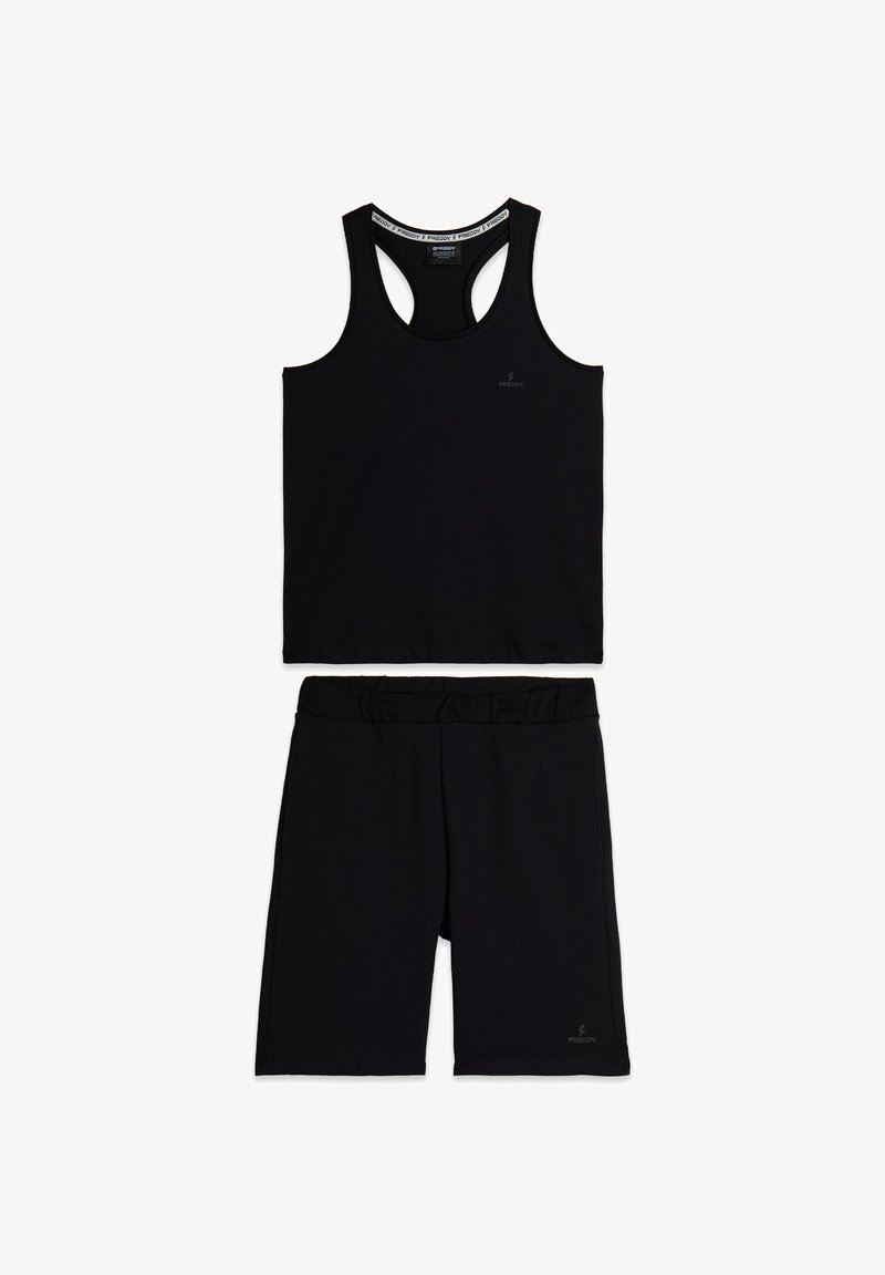 Conjunto deportivo negro de dos piezas que incluye una parte superior sin mangas con diseño de espalda cruzada y pantalones cortos a juego con cintura elástica. Material suave.