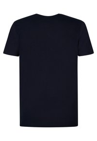 Námořnická modrá bavlněná tričko, krátké rukávy, kulatý výstřih, jednoduchý design s hladkou texturou a bez viditelných log či ozdob.