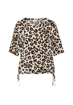 Short-sleeve leopard print blouse with round neckline and drawstring ties at the hem, beige background with black and brown spots.