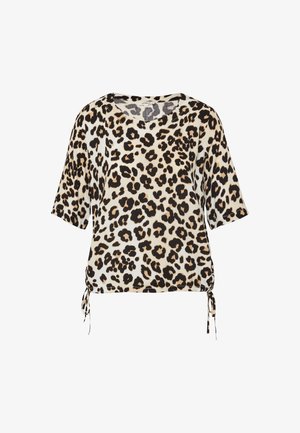 Short-sleeve leopard print blouse with round neckline and drawstring ties at the hem, beige background with black and brown spots.