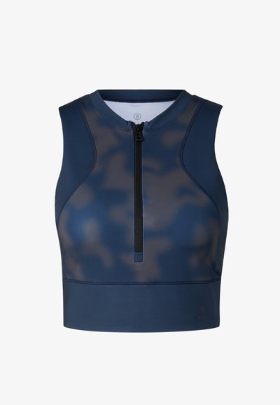 Marineblå ærmeløs atletisk crop top med sort lynlås foran og høj, rundet halsudskæring, lavet af glat, elastisk stof.