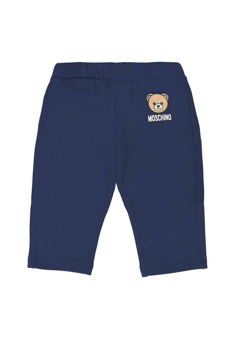 Marineblauwe katoenen blendbroek met een elastische tailleband en een berenafbeelding met het "Moschino" logo op de bovenste linkerkant.