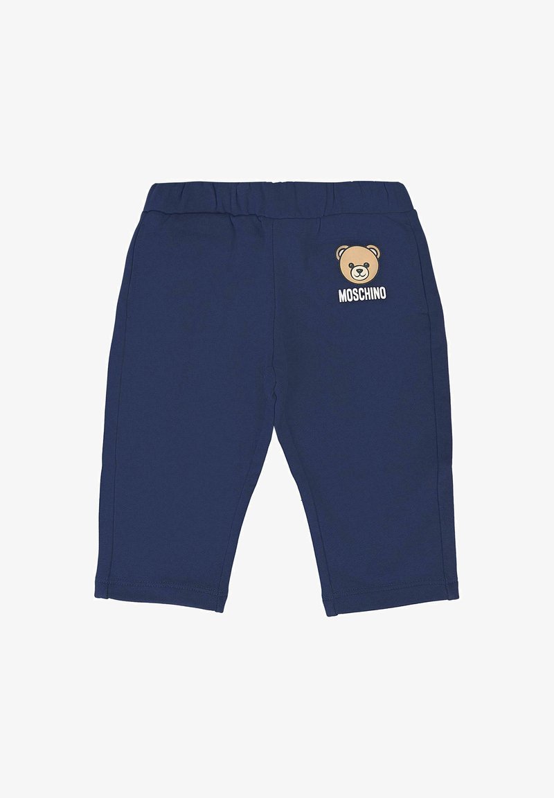 Marineblauwe katoenen blendbroek met een elastische tailleband en een berenafbeelding met het "Moschino" logo op de bovenste linkerkant.