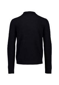 Pullover nero a maglia con colletto, maniche lunghe e orlo a coste. Texture liscia, design aderente, senza motivi o decorazioni visibili.