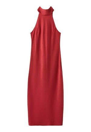 Vestido maxi rojo sin mangas con escote alto y corpiño ajustado, tela lisa, corte recto y ligero brillo.
