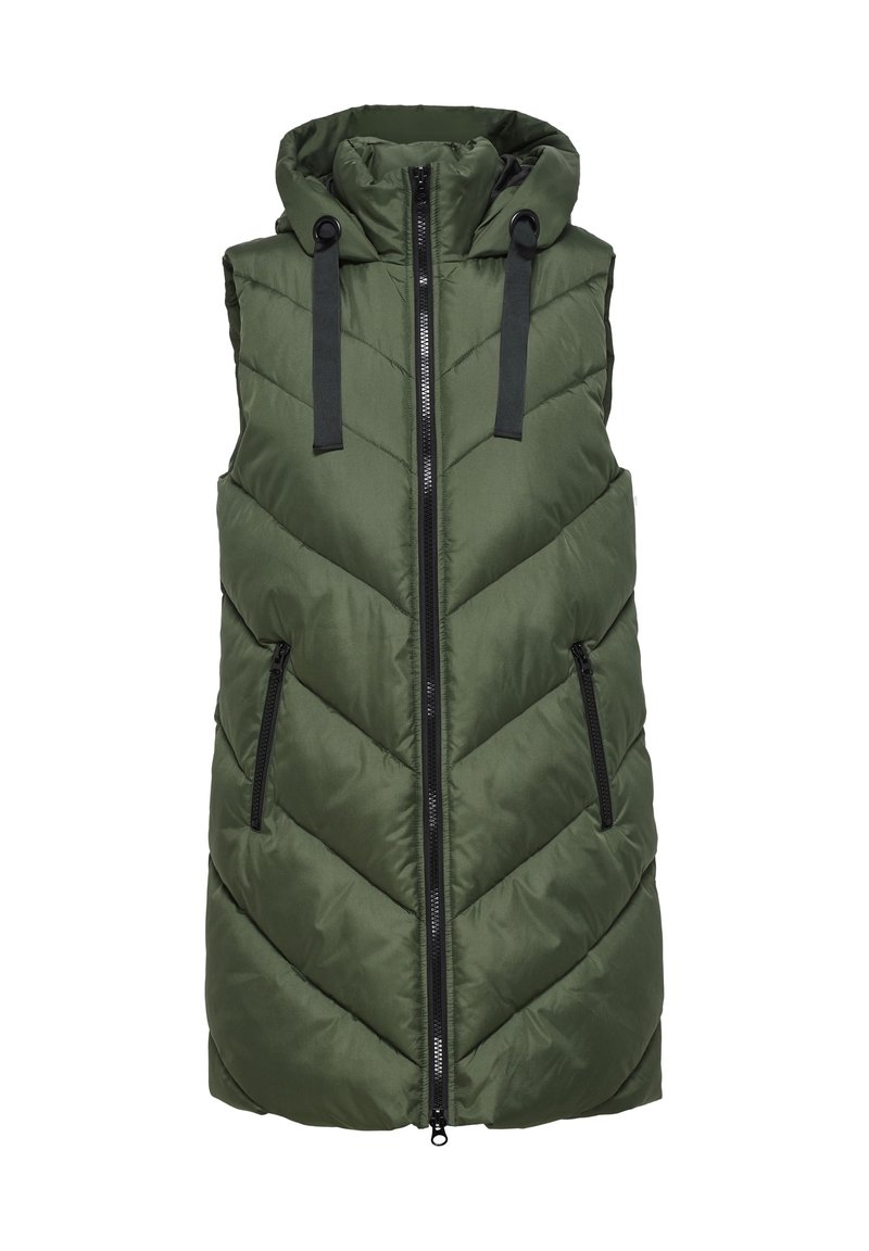 Longue veste matelassée verte sans manches avec capuche, fermeture éclair à l'avant, poches zippées noires et cordons noirs sur la capuche.
