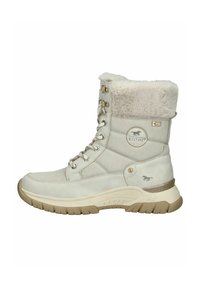 Beige enkellaars gemaakt van suède met een nep bontboord, zilverkleurige hardware, een rond logo-embleem en een gevoerde rubberen zool.