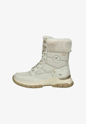 Stivaletto beige in suede con risvolto in pelliccia sintetica, dettagli in argento, un logo rotondo e una suola in gomma imbottita.