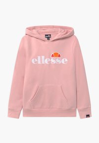 Felpa leggera rosa realizzata in tessuto morbido, con tasca frontale e logo "ellesse" bianco con un accento semicircolare arancione/bianco sul petto.