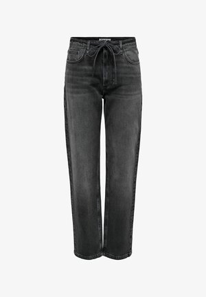 Jeans en denim noir à jambes larges avec une taille haute, fermeture à cordon de serrage, poches avant et arrière, et une légère décoloration pour plus de texture.