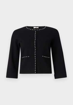Black cardigan with three-quarter sleeves, featuring silver stud embellishments along the collar, center, and pockets. Smooth texture.