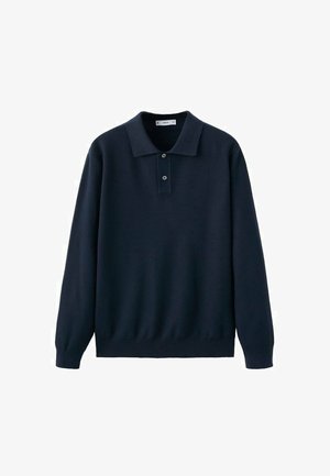 Marineblauwe polotrui met lange mouwen, gemaakt van gestructureerde stof, met een klassieke kraag en een knoopsluiting met drie knopen. Eenvoudig ontwerp.