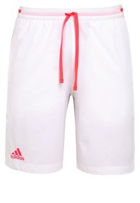 Short de sport blanc Adidas avec cordon rose et logo sur la jambe gauche, taille élastique et poches latérales.