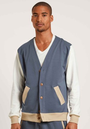 Gray vest with beige accents, front buttons, and side pockets. Layered over a white V-neck shirt, featuring a textured fabric.