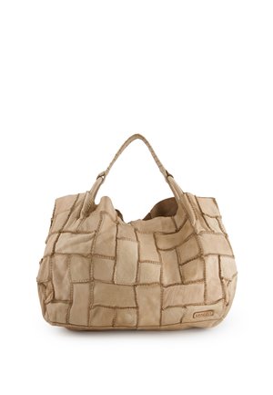 Beige leren handtas met patchwork-design en gevlochten handvat, met een klein "Venezia" label in de rechterbenedenhoek.