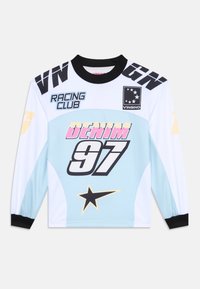 Long-sleeve athletic jersey in white and light blue, featuring bold black graphics, the number "97," and a star design on a smooth fabric.