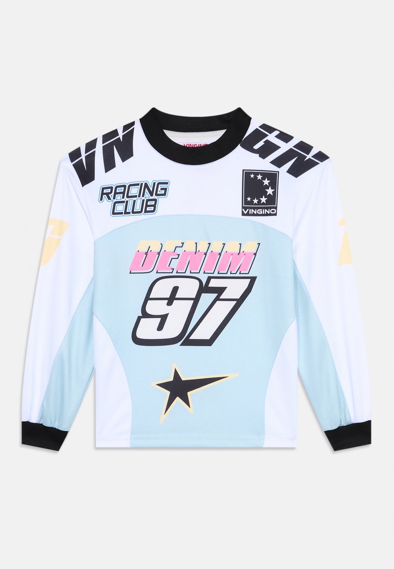 Long-sleeve athletic jersey in white and light blue, featuring bold black graphics, the number "97," and a star design on a smooth fabric.