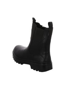 Stivale alla caviglia in pelle nera con pannelli elastici laterali, suola in gomma robusta e dettagli di cucitura sottili. Design elegante e minimalista.