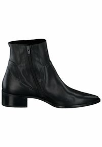 Bottine en cuir noir à fermeture éclair latérale, talon bloc bas et pointe effilée, vue de profil sur fond blanc.