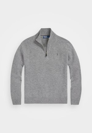 Grauer Zip-Pullover aus weichem Strickmaterial. Mit langen Ärmeln und einem kleinen Logo auf der Brust. Einfaches und klassisches Design.