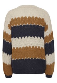 Adīts džemperis ar apaļu kakla izgriezumu, ar horizontālām svītrām krēmkrāsā, sinepju un tumši zila toņos. Tekstūras mīksta auduma ar viļņu rakstu.