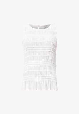 Bílé bezrukávové tričko se skládáním, s vodorovnými záhyby a volánkovým lemem. Obsahuje otvor ve tvaru klíče na zadní straně.