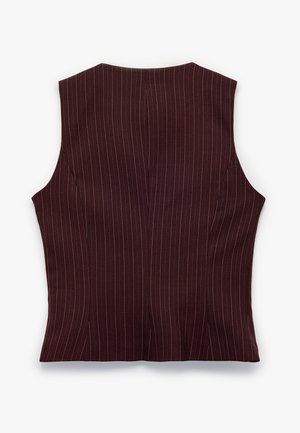 Gilet senza maniche bordeaux con motivo a righe, caratterizzato da una vestibilità su misura, ventagli sul retro e superficie liscia. Nessun hardware o decorazione visibile.