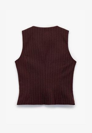 Burgundy sleeveless vest with pinstripe pattern, featuring a tailored fit, back vents, and smooth texture. No hardware or embellishments visible.
