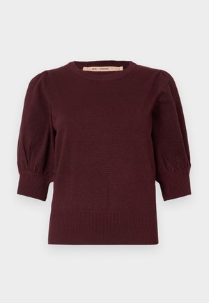 Suéter de malha bordeaux com mangas bufantes de comprimento médio e punhos e bainha canelados, desenhado para mulheres.