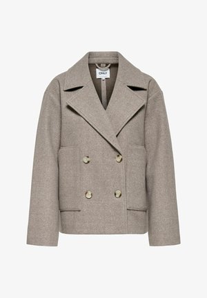 Wełniana kurtka dwurzędowa w kolorze taupe z szerokimi klapami, czterema guzikami, długimi rękawami i dwoma przednimi nakładanymi kieszeniami.