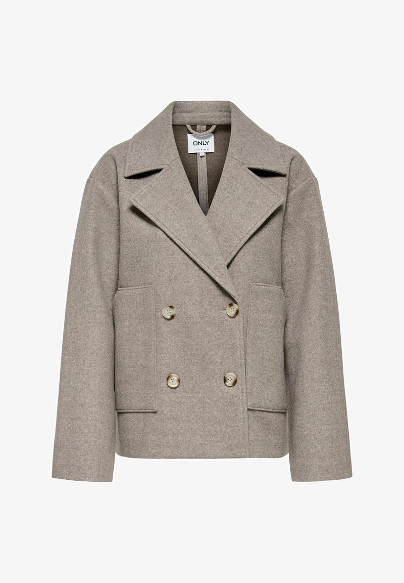Veste en laine taupe à double boutonnage avec larges revers, quatre boutons, manches longues et deux poches plaquées à l'avant.